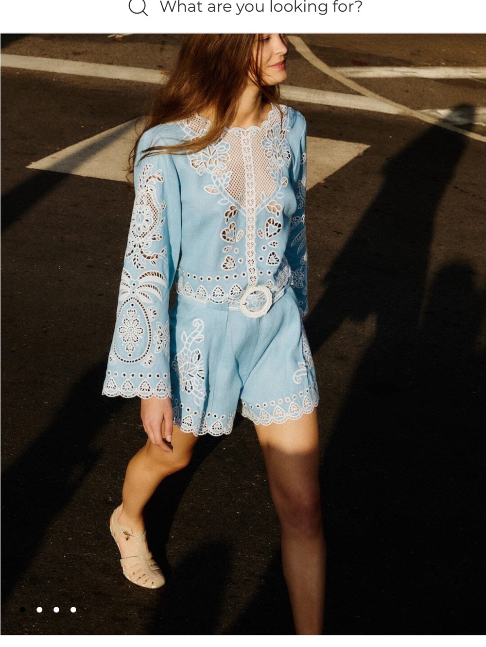 FARM Rio Light Blue Eyelet Lace Blouse and Short Set with Belt